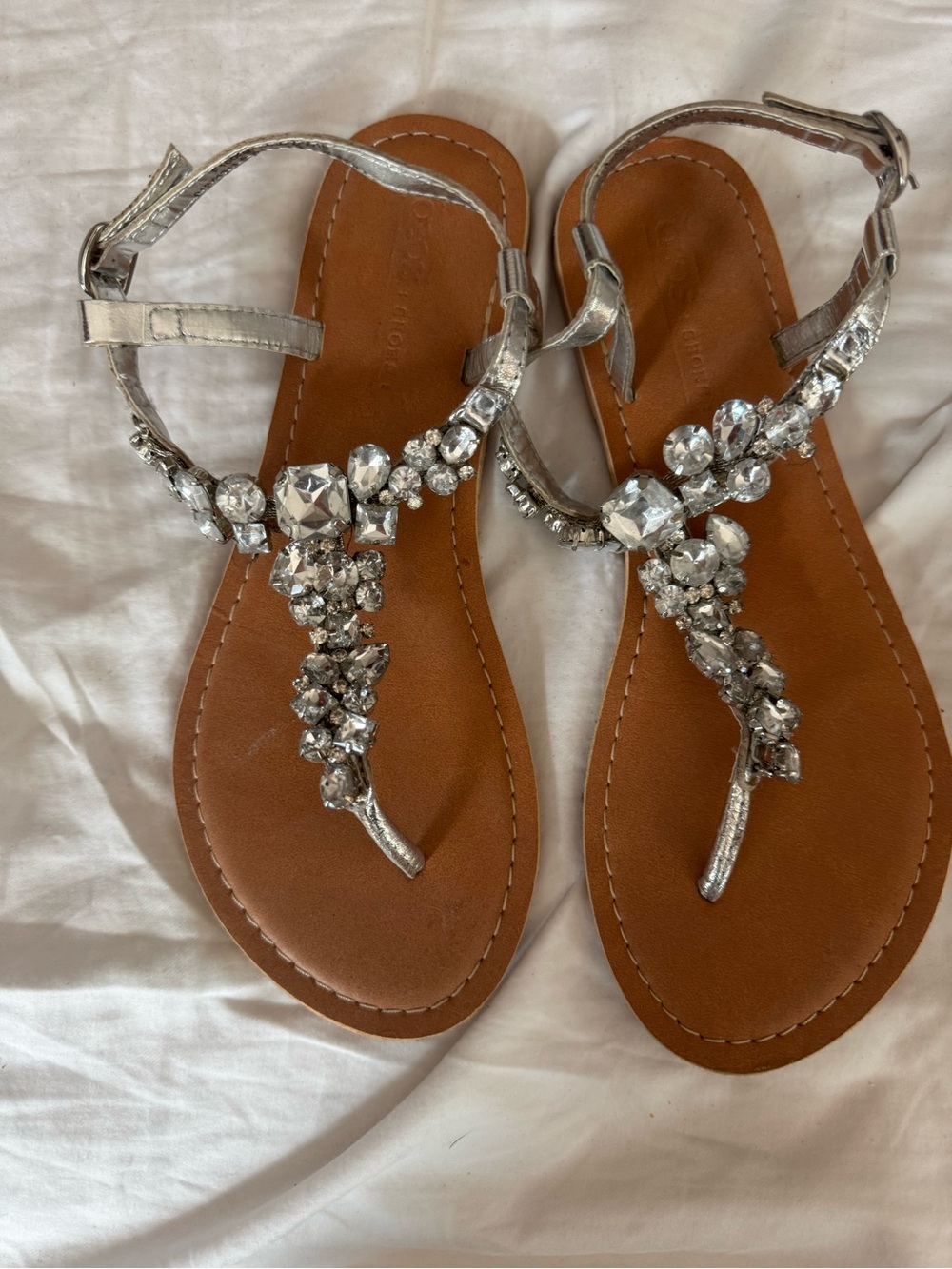 ASOS Silver Jeweled T-Strap Sandals